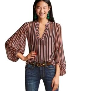 Cabi Ultimate Blouse Multicolor Stripe Semi Sheer SZ S Balloon Sleeve V-Neck